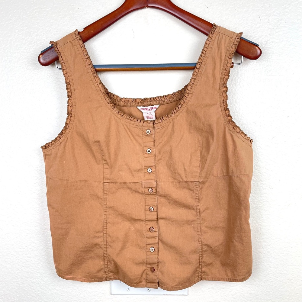 Vtg Y2K 90s Guess Womens Top Sz XL Babydoll Cottage Milkmaid Fairy Brown Boho